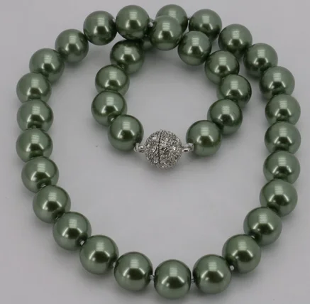 

New arrival12mm Army Green South Shell Pearl Round Beads Necklace