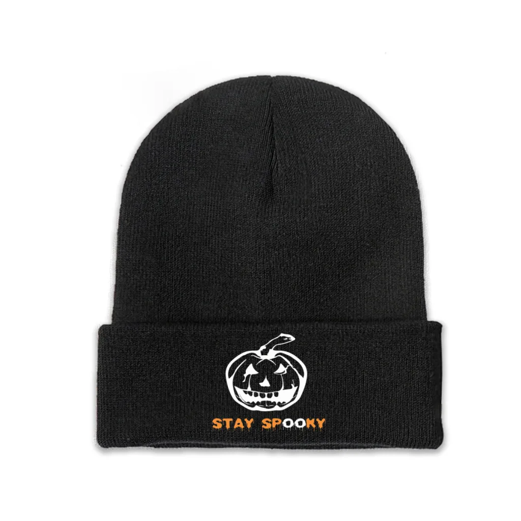 

Spooky Stay Halloween Ghost Fear Pumpkin Knitting Knitted Hat Beanie Caps Skullies Beanies Ski Caps Soft Bonnet Hats Winter Warm