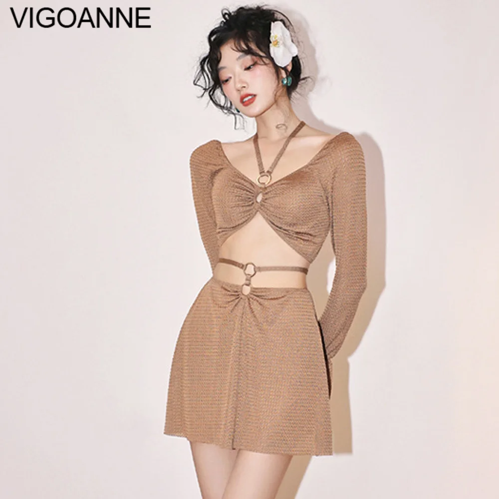 

VigoAnne, хаки, комплект бикини с длинным рукавом и юбкой с высокой талией, 3 шт., женский сексуальный летний купальный костюм с эффектом пуш-ап 2022