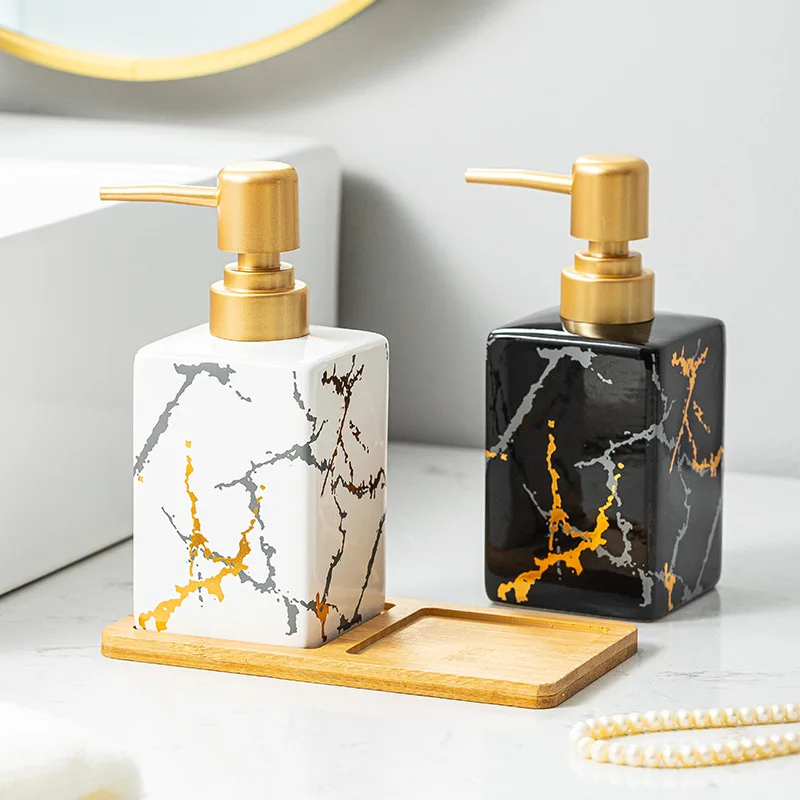 Botella de loción de cerámica con textura de mármol dorado, accesorios de baño, dispensadores de jabón portátiles, contenedor de desinfectante de manos de 320ml