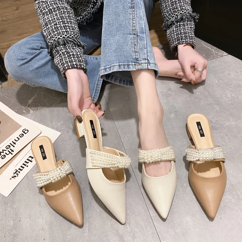 

Туфли женские с острым носком, шлепанцы с бусинами, квадратный каблук, квадратный каблук, симпатичная дизайнерская модная обувь для девочек