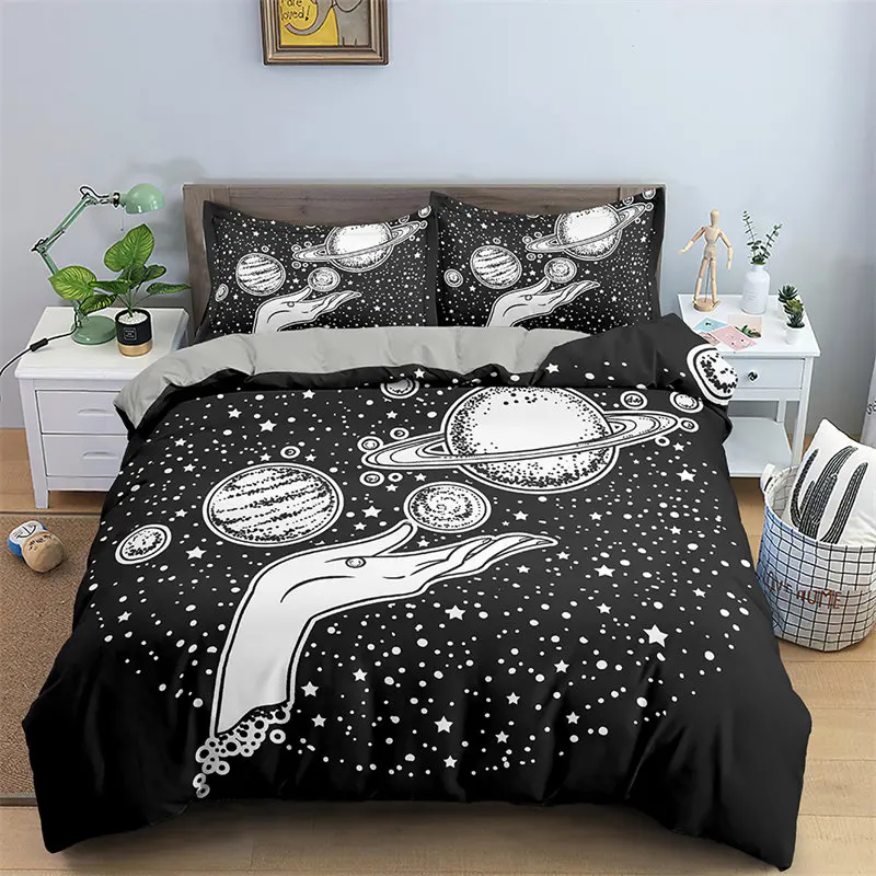 

Exotic Galaxy Sun And Moon Duvet Cover Hamsa Hand Quilt Cover Microfiber Divination Bedding Set For Kids Adults Bedroom Decor