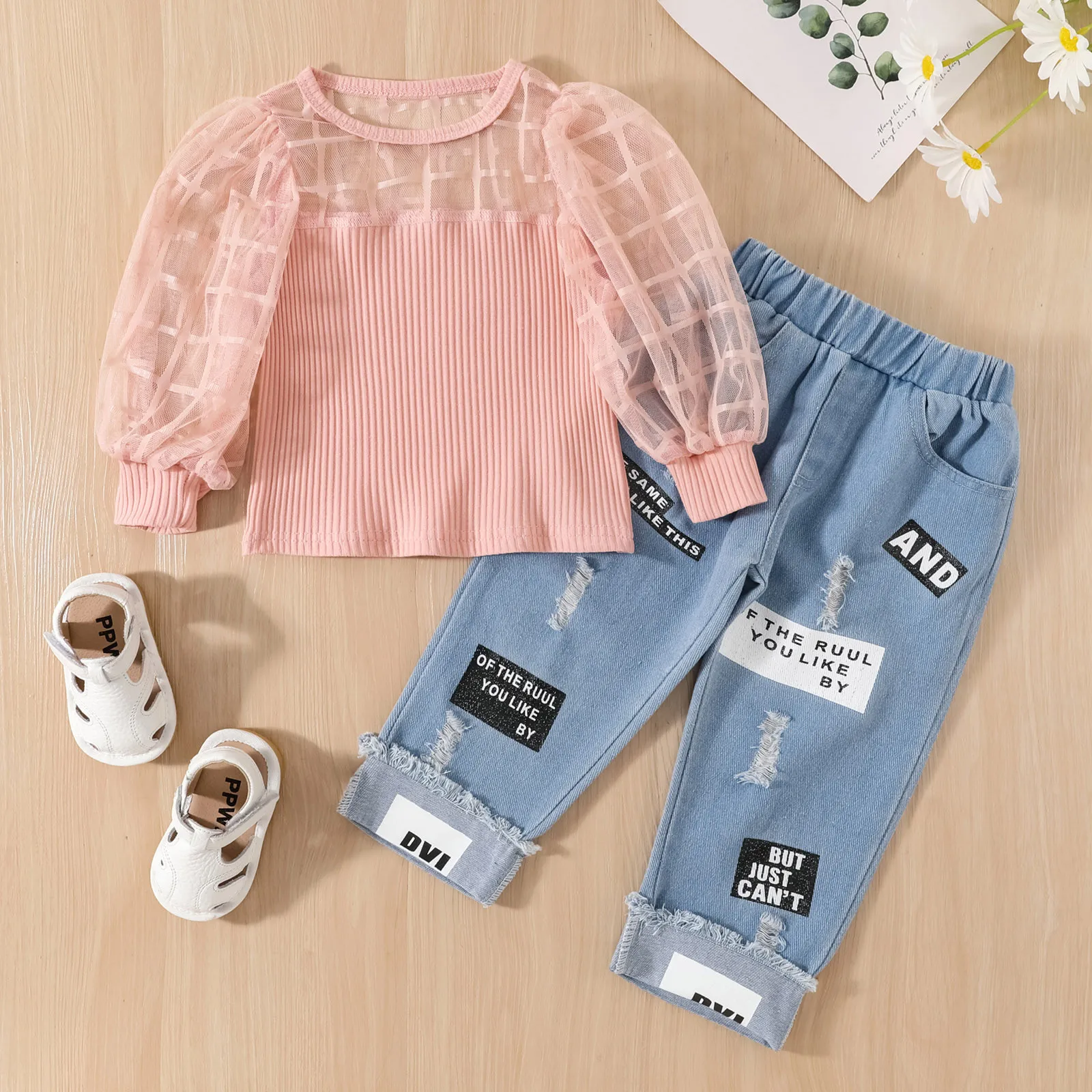 

3 Month Photography Outfits Girl Toddler Kids Baby Girls Tulle Puff Sleeve Ribbed T Shirt Tops Hole Crop Denim Toddler Skirt 5t
