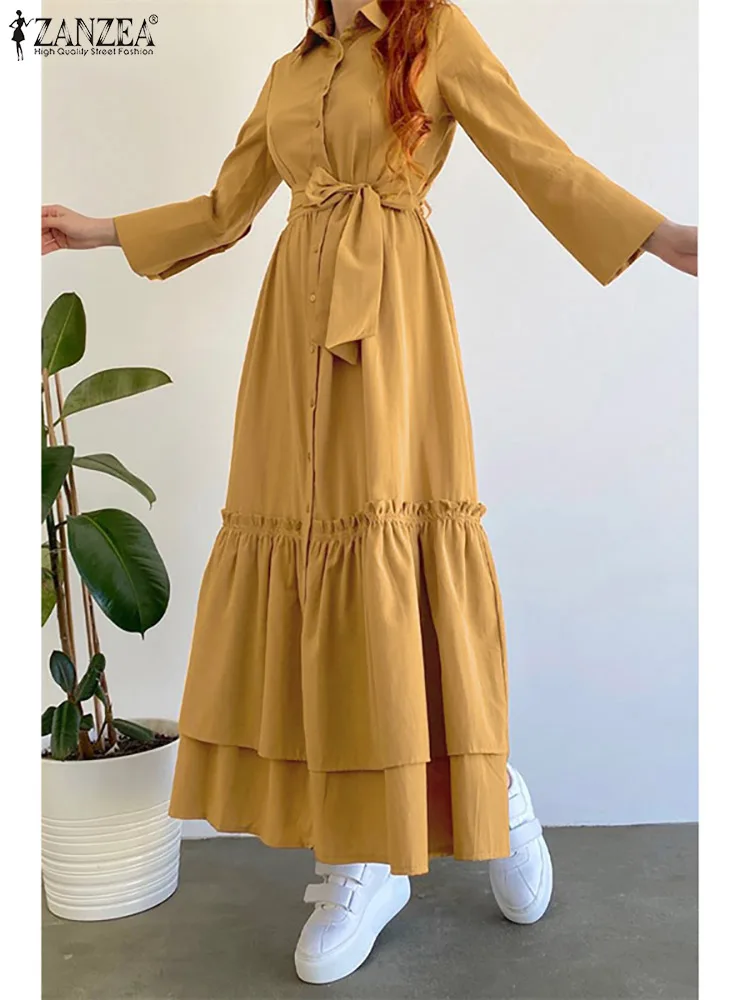 

Женское офисное платье-рубашка ZANZEA с длинным рукавом и поясом, многослойное длинное платье с оборками на подоле, модное однотонное Повседневное платье макси 2023
