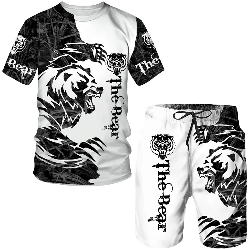 3D Printed Men's T-shirt Suit 2023 Summer Fashion Casual Shorts Tiger White Animal Element Pattern Street Wear Two-Piece Set