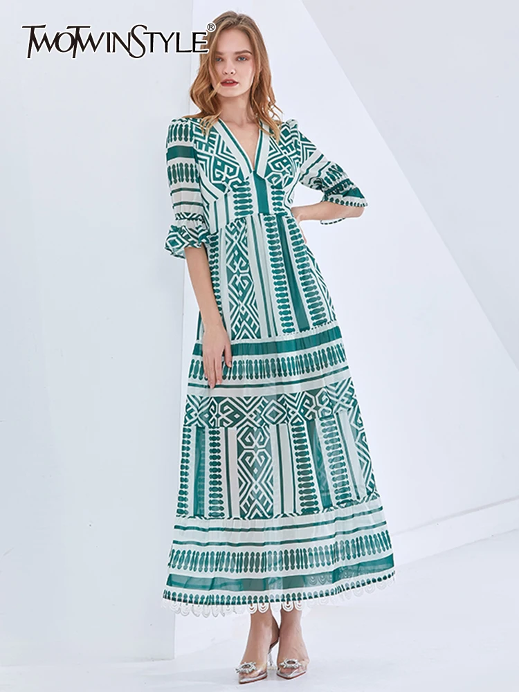 

Женское платье-макси TWOTWINSTYLE, повседневное разноцветное платье с v-образным вырезом и коротким рукавом, со сборками, на талии, новинка 2022