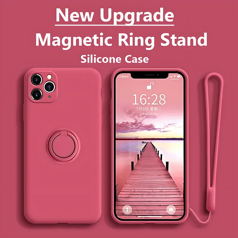 

New Upgrade Liquid Silicone Finger Ring Magnetic Holder Bracket Cover For iPhone 15 14 13 12 11 Pro Mini Max Phone Case