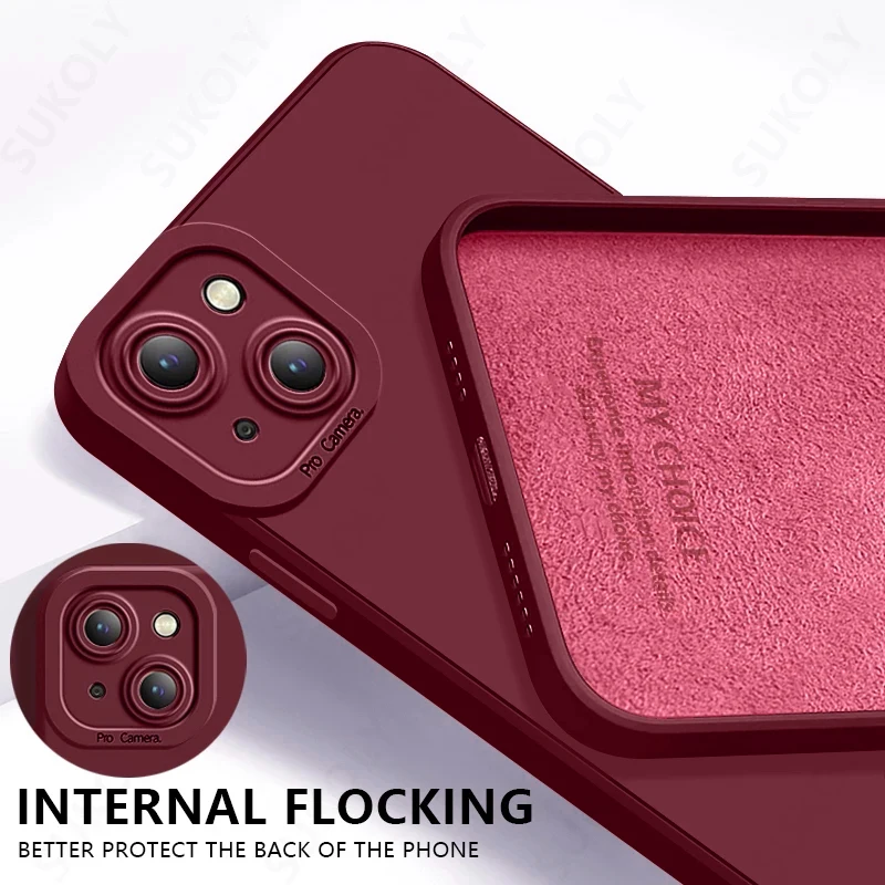 

Square Liquid Silicone Case For iPhone 12 11 Pro Max 13 Mini SE 2020 XS Max 8 7 Plus Lens Camera Protective Soft Flocking Cover