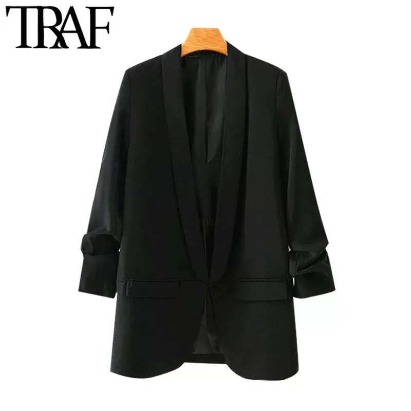 

TRAF Women Fashion Office Wear Basic Black Blazer Coat Vintage Pleated Sleeve Pockets Female Outerwear Chic Tops
