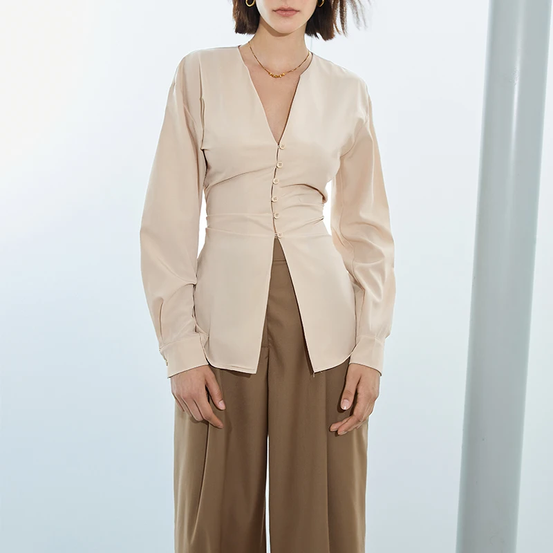

French temperament V-neck slim shirt women's early autumn new style versatile inside long sleeved top