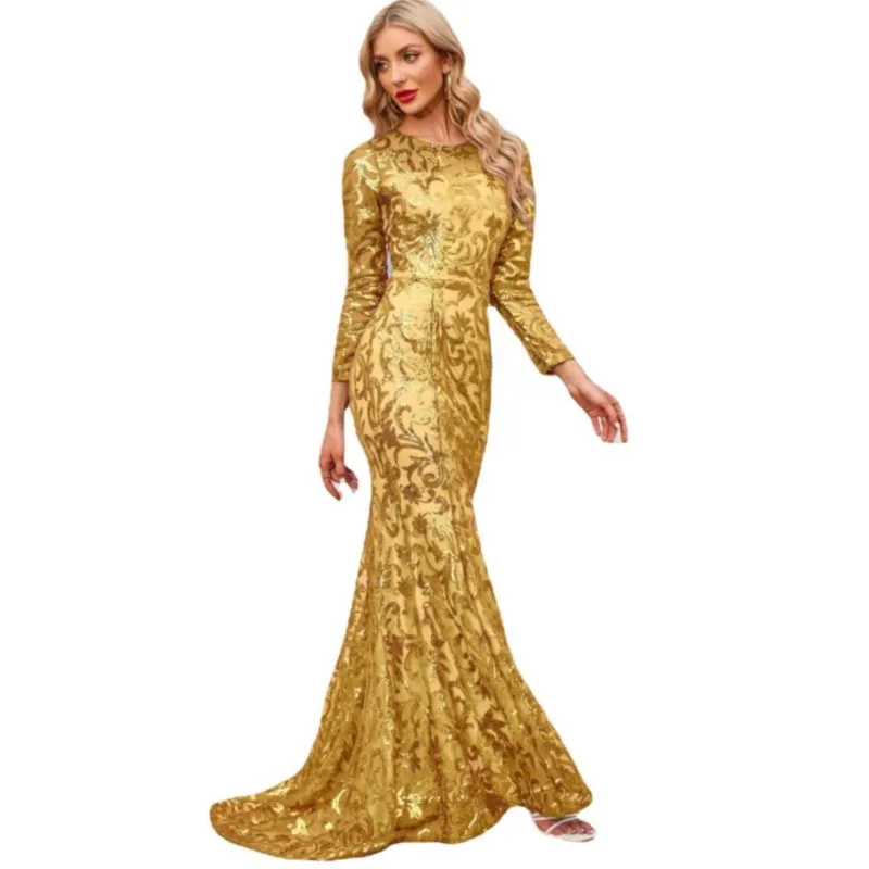 

High Quality Gold Prom Dresses For Women Long Sleeve Sequined Mermaid Long Luxury Evening Maxi Dress Elegant Party Wedding Guest