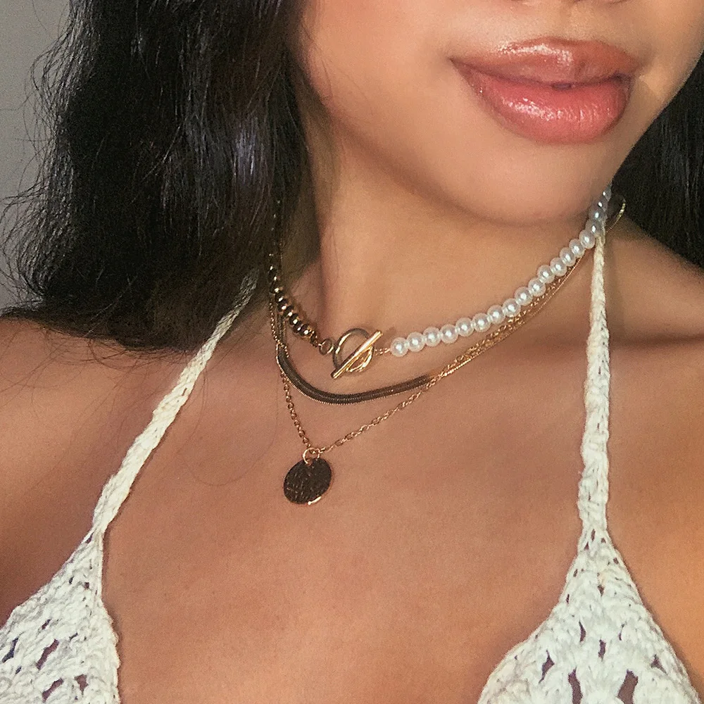 

Retro new multi-layer Coin Pendant Necklace Coin Pendant splicing snake chain pearl fashion necklace