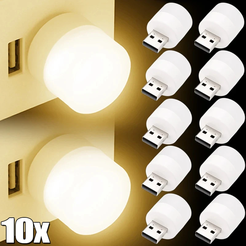 

1-10Pcs Mini USB Night Light Warm White Eye Protection Book Reading Light USB Plug Computer Mobile Power Charging LED Night Lamp