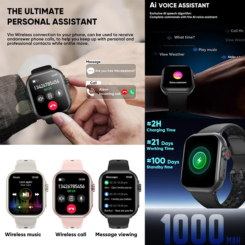 Фото Новые умные часы XIAOMI IOS Watch Ultra2 для женщин, 1000 мАч, 1.85-дюймовый AMOLED-экран с полным сенсорным управлением, звонки по Bluetooth, модные женские смарт-часы. №2
