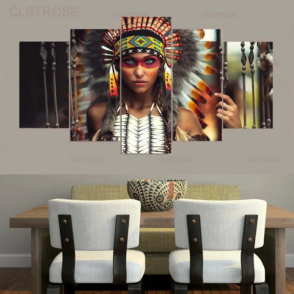 

5 Pieces Canvas Prints Indian Tribe Warrior Girl Feather Poster Modern Woman Portrait Wall Painting Home Decor Living Room