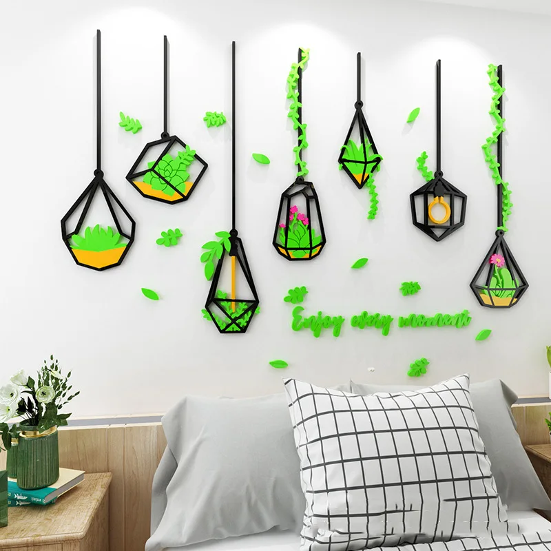

3D Creative Green Hanging Basket Acrylic Crystal Wall Sticker Adhesive Self-adhesive DIY Wallpapers Art Wall Decoration