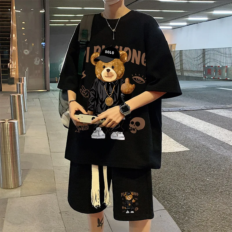 Y2K Fashion Little Bear Print Men's T-shirt Shorts Sets Oversize Loose Casual Suit for Male Unisex Street Sport Man Clothing
