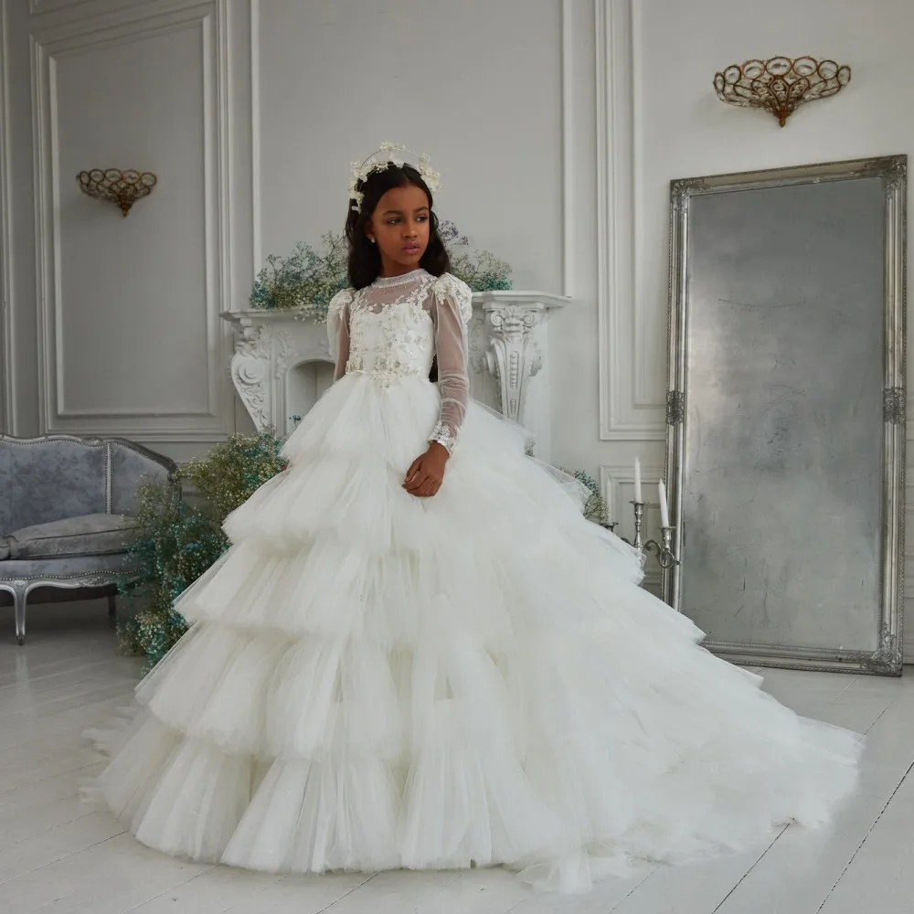 Блестящее тюлевое кружевное платье с цветочным узором для девочек пышное