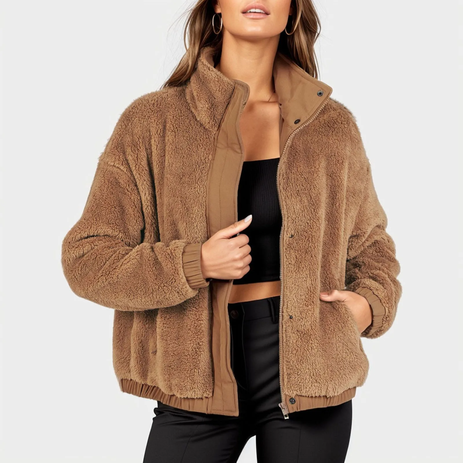 

Куртка женская флисовая с длинным рукавом, повседневный укороченный жакет на пуговицах, зимняя верхняя одежда