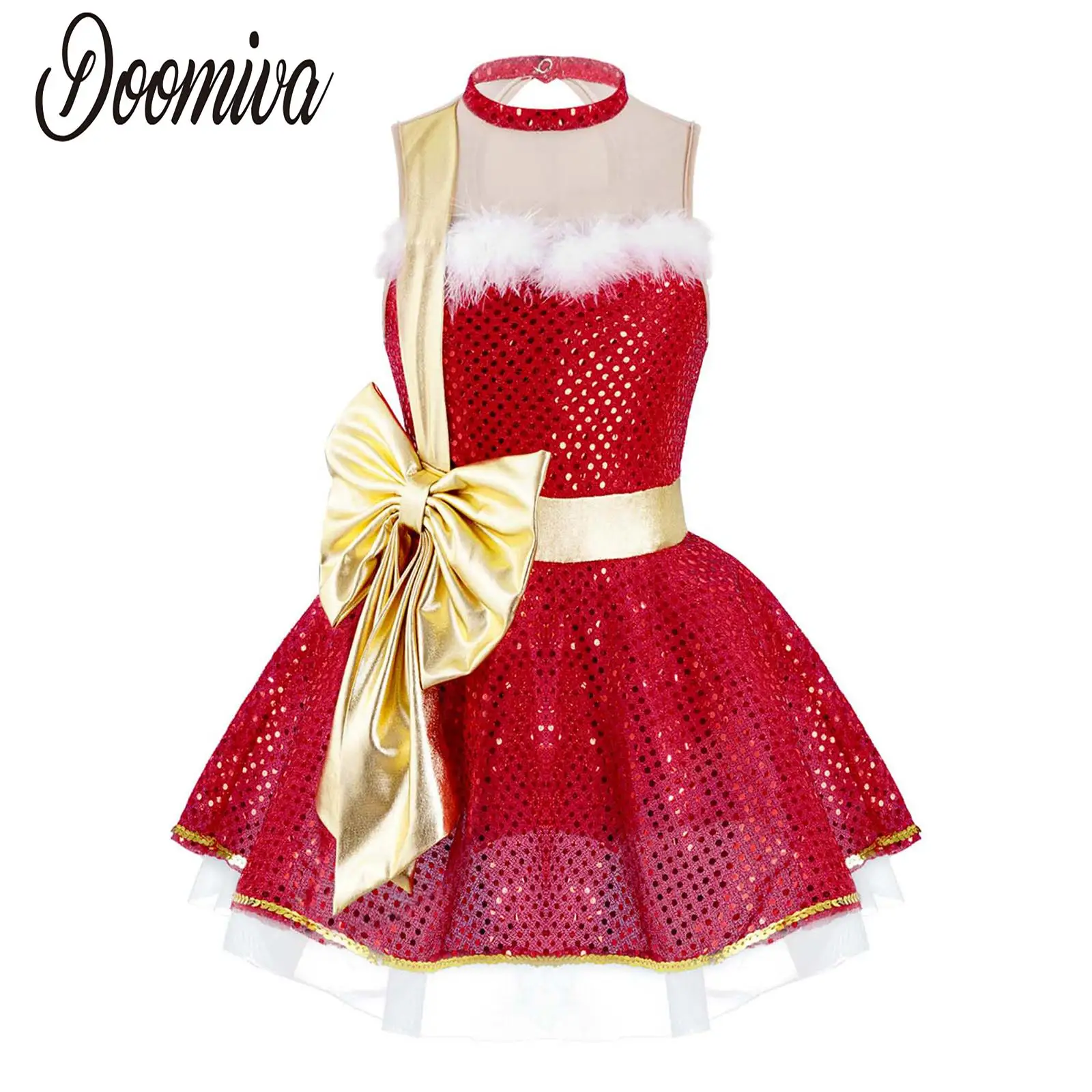 

Kids Girls Red Christmas Costume Sleeveless Sequins Mesh Tutu Dancewear Child Ballet Dance Leotards Figure Skating Dress