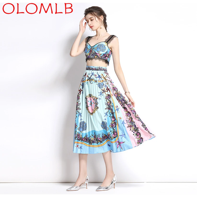 

OLOMLB 2022 Spring/Summer Vacation Printed Pleated Skirt + Lace Patchwork Top Suit Ladies Vacation Travel Dress Plus Size Long