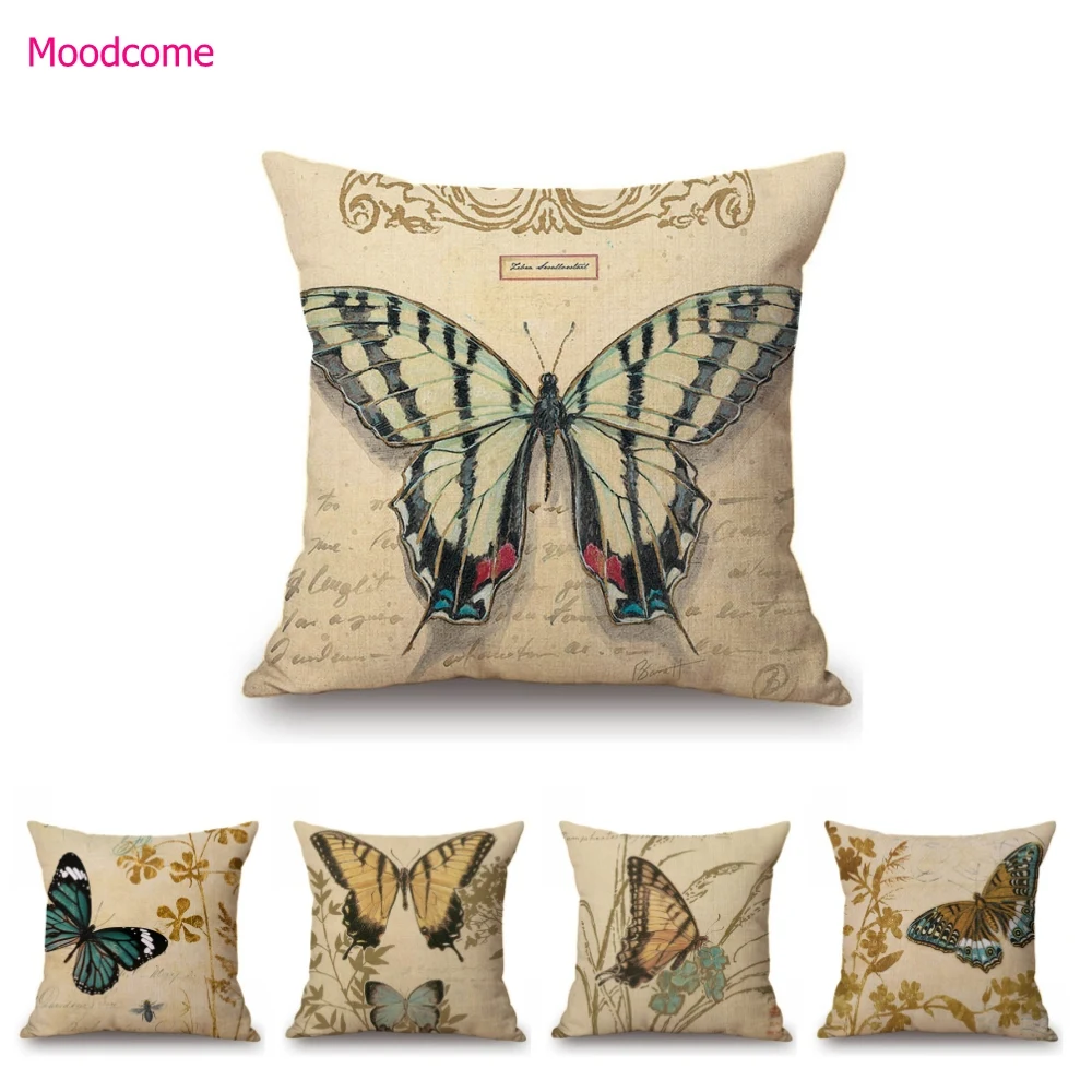 Vintage Butterfly Retro Plant Flower Cotton Linen Home Decorative Sofa Throw Pillow Case Car Seat Cushion Cover