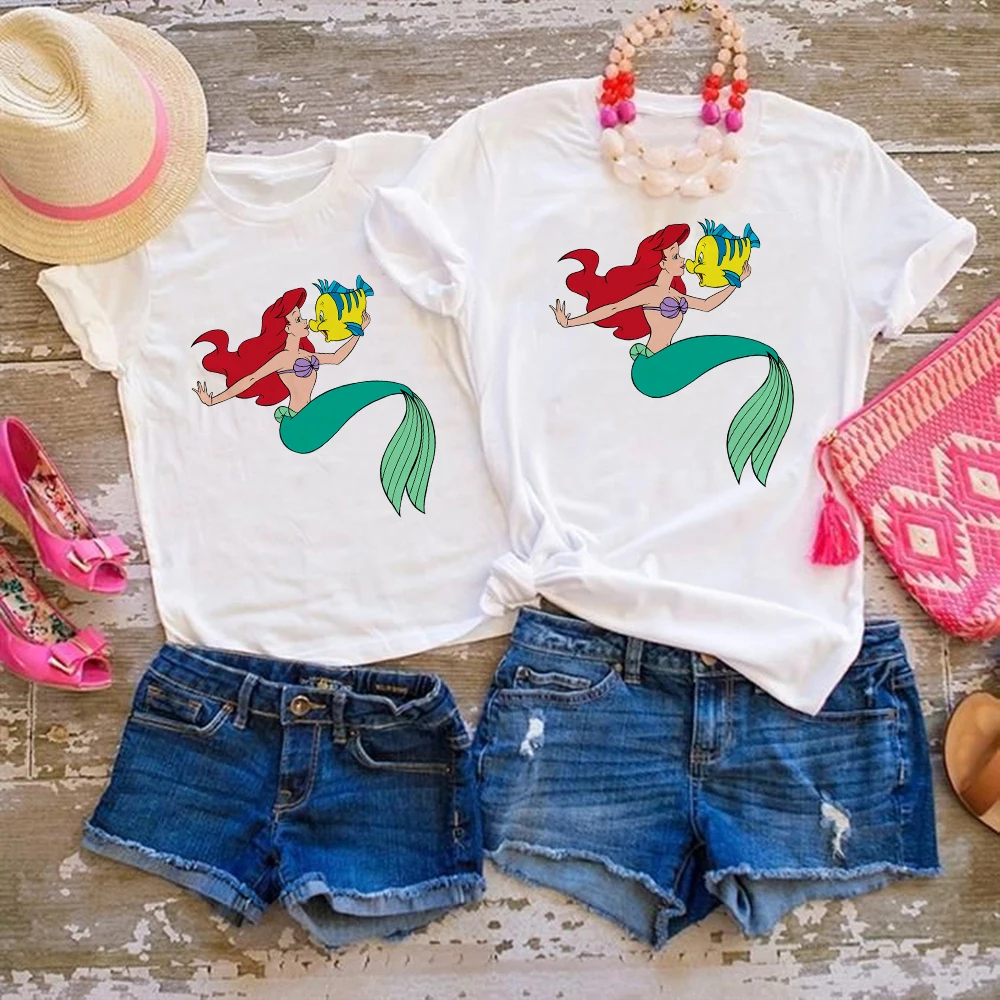 

White T-Shirts Disney The Little Mermaid Summer Women Children Family Exquisite Cute Cartoon Printing T Shirts CrewNeck Comfy