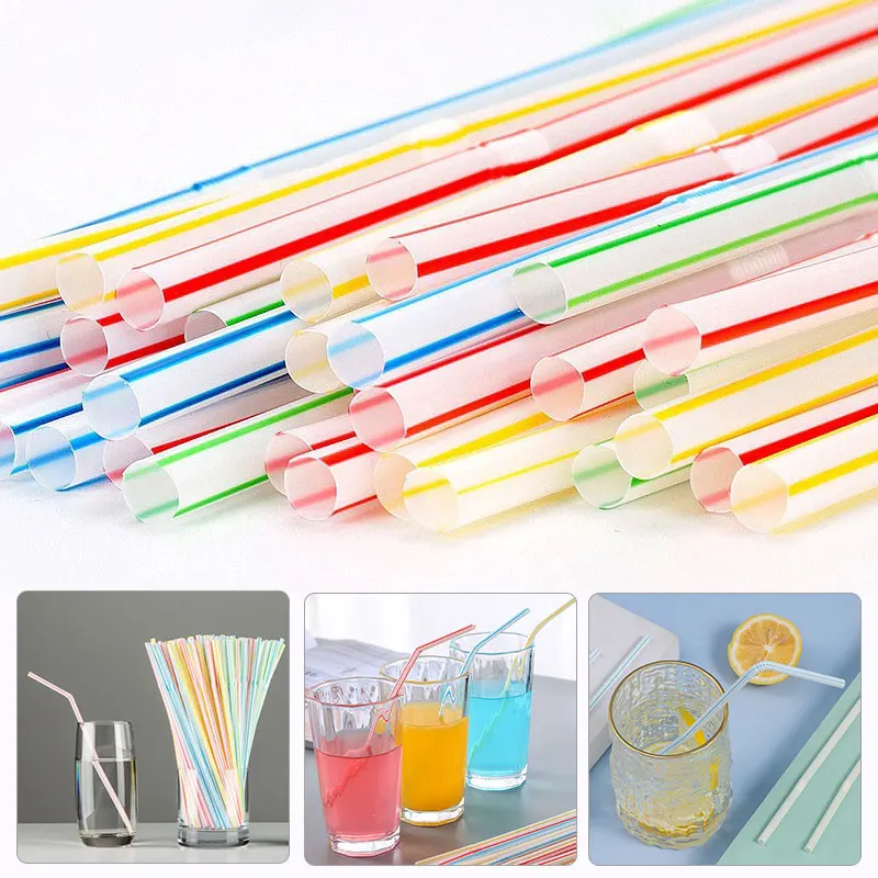 

100Pcs 21cm Disposable Plastic Curved Drinking Straws for Wedding Party Bar Drink Accessories Birthday Colorful Reusable Straw