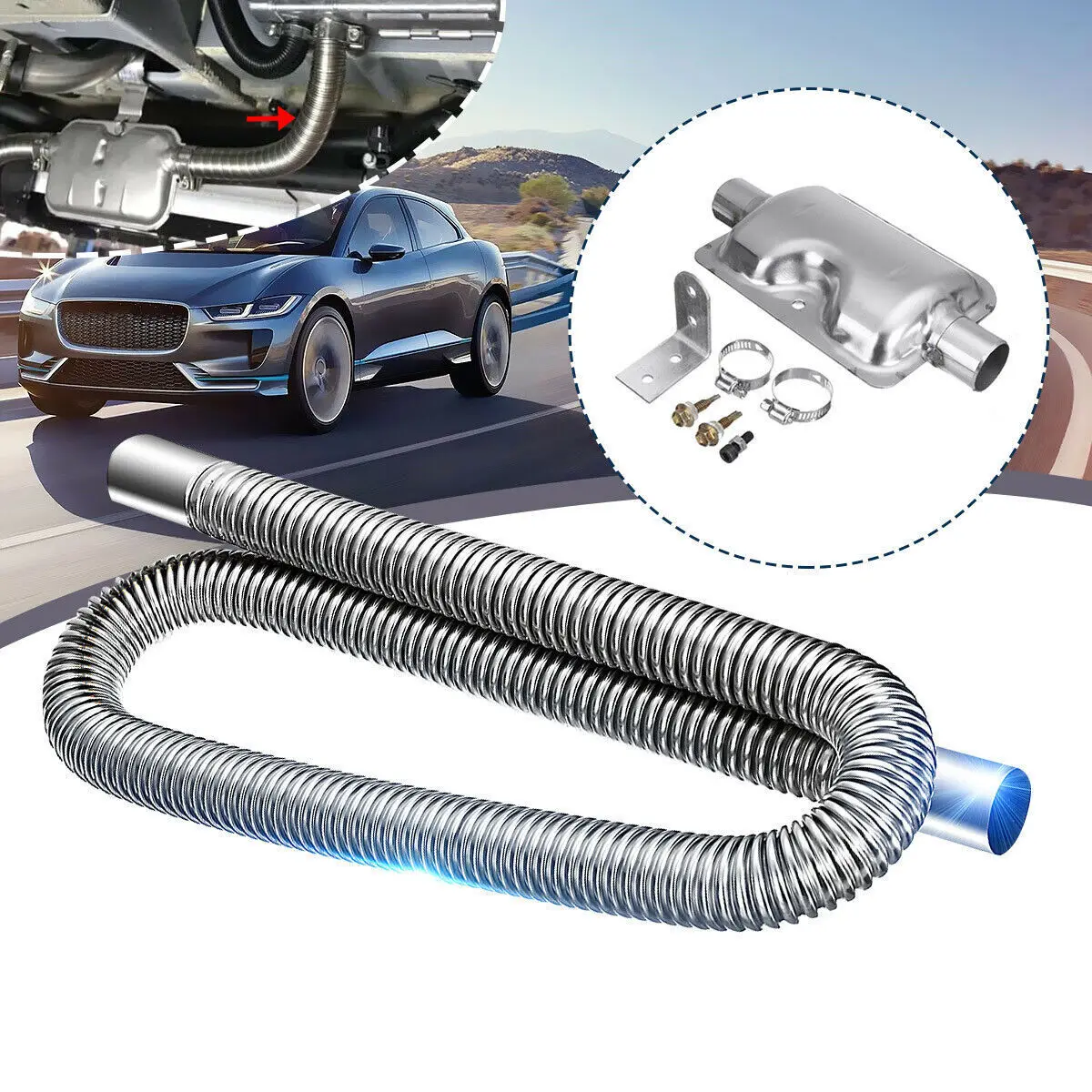 

300cm Stainless Exhaust Muffler Silencer Clamps Bracket Gas Vent Hose Pipe Silence Kit For Car Air Diesels Heater Kit