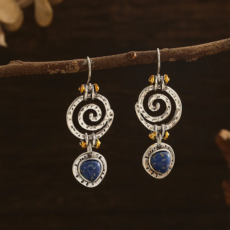 

Vintage Natural Lapis Lazuli Hanging Earrings for Women Statement Design Hollow Spiral Dangle Earrings Retro Jewelry Wholesale