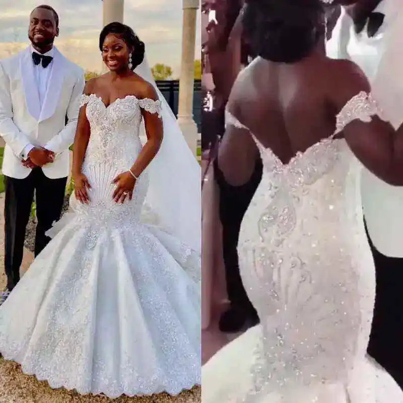 

Новинка, роскошное свадебное платье в африканском стиле с открытыми плечами и жемчужинами, модель 2023 черного цвета