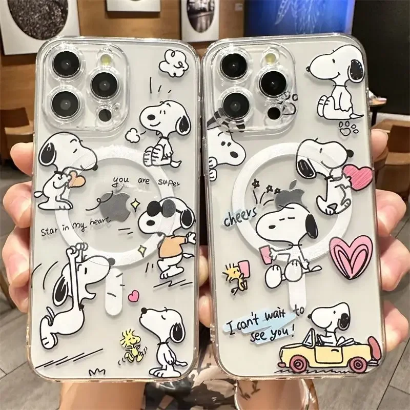 Cute Cartoon Magsafe Magnetic Phone Case for S-Snoopys iPhone 16 15 14 13 12 11 8 7 Plus Pro Max X XR XSMax Soft Clear Tpu Cover