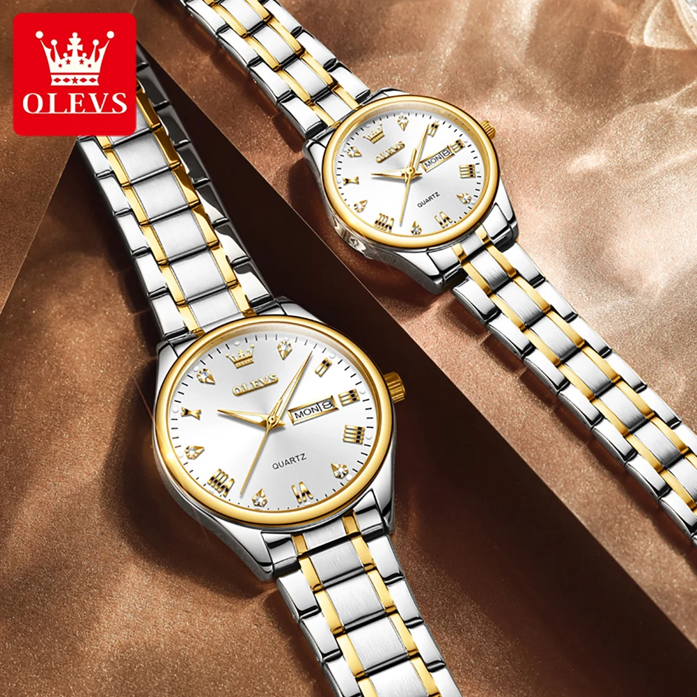 OLEVS 5563 Golden Diamond-encrusted Quartz Watch for Couple Stainless Steel Strap Fashion Waterproof Couple  Wristwatches