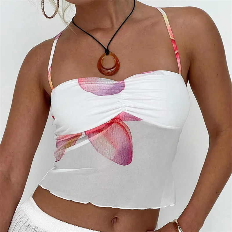 Y2k одежда для женщин с цветочным принтом на тонких бретельках без рукавов