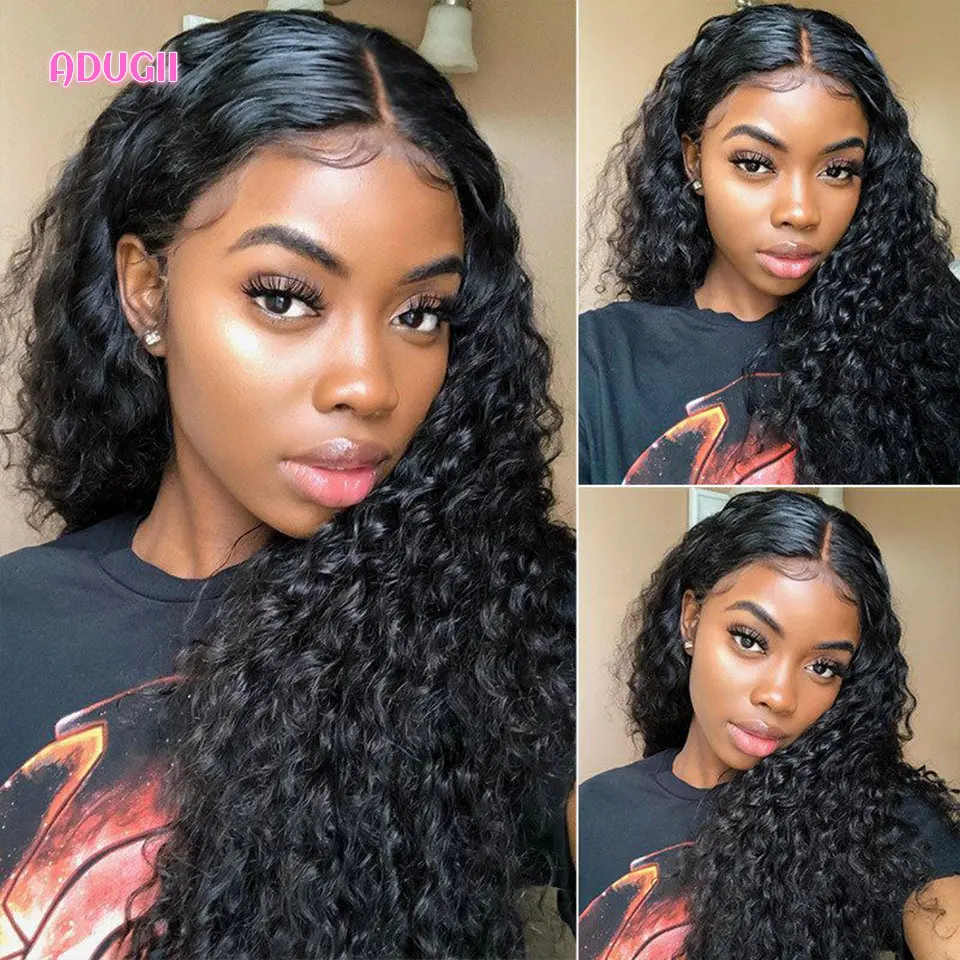 ADUGII Deep Wave Frontal Wig Lace Front Human Hair Wigs Water Kinky Curly Transparent For Women 28 30 Inch Closure |