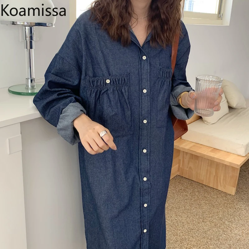 

Женское Повседневное платье-макси Koamissa, однотонное свободное платье с длинным рукавом и отложным воротником, шикарное корейское платье, ве...