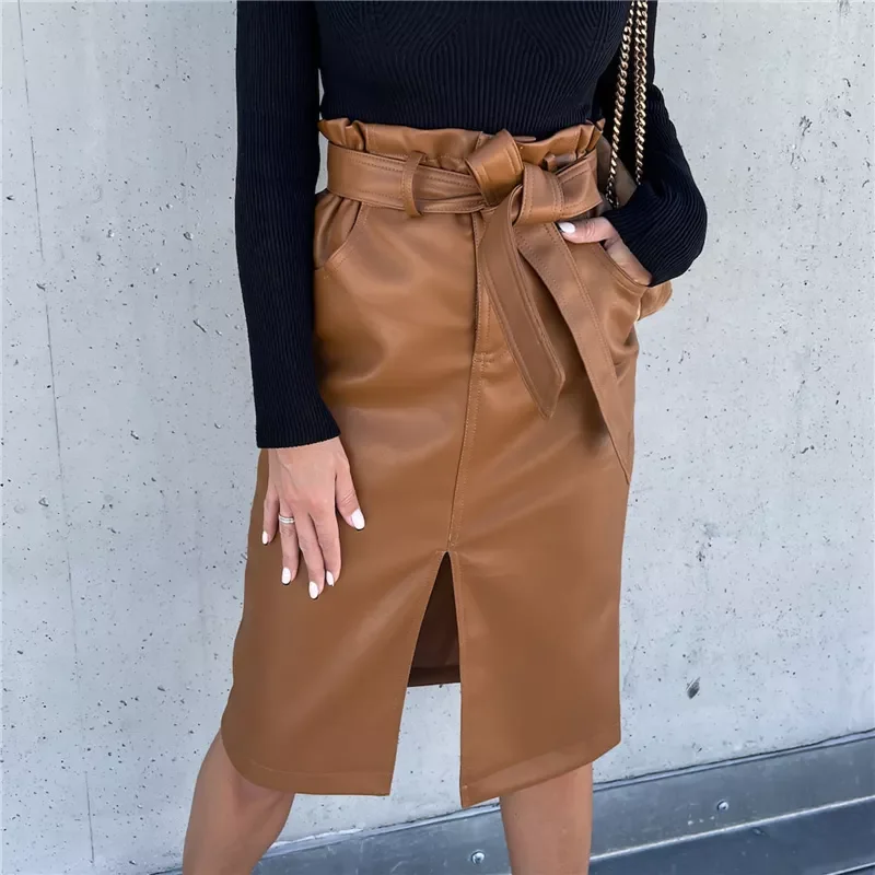 

Женская юбка с высокой талией и разрезом, из искусственной кожи