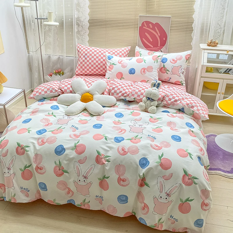 

Комплект постельного белья из чистого хлопка с милым Кроликом, 3/4 шт., мягкий уютный пододеяльник с цветами, фруктами, растениями, простыня, наволочка, кавайное постельное белье для девочек