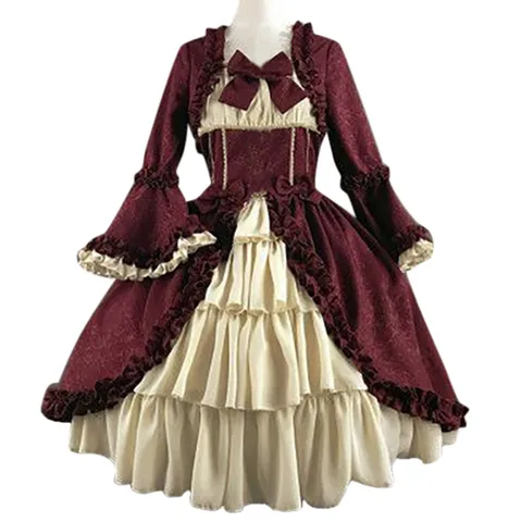Женское винтажное платье в стиле «Лолита», длинное платье в викторианском стиле, с квадратным вырезом, кружевным бантом и высокой талией, в стиле принцессы, готика, для девушек