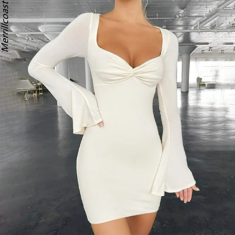 

Long Sleeve White Dress Vintage Green Vestido Tanque Robe Chemise Corset Langarm Kleid Bodycon Cut Out Sexy Dresses Spring 2022