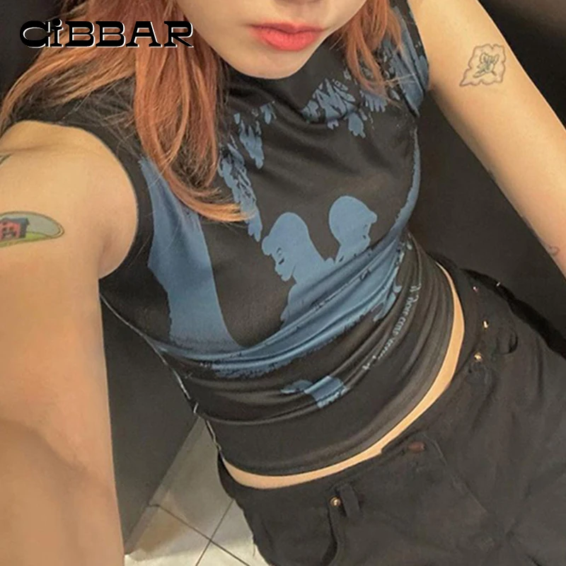 

CIBBAR Harajuku Print Crop Top Basic Sleeveless Slim Tank Tops Women Casual Graphic Mini Vest y2k Aesthetic Clothing Ladies Tees