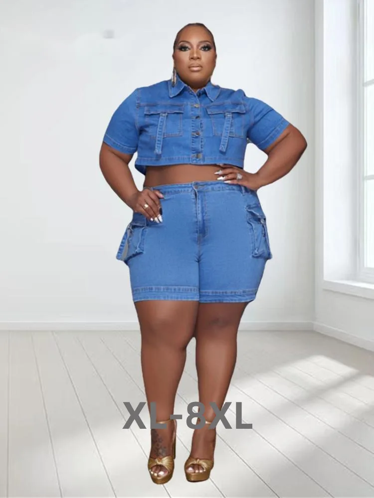 

Plus Size Denim Two Piece Set Women 2023 Shorts Sets Pockets Top and Pants Fashion New in Fashion Matc 3xl 4xl 5xl 6xl