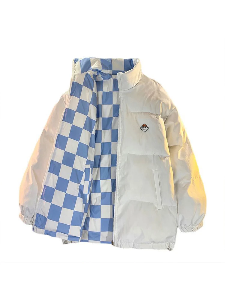 Winter Women Plaid Padded Jacket Double-sided Checkerboard Loose Oversize Cotton-padded 2022 Winter Harajuku Thickened Warm Coat