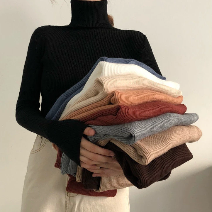 2022 New Women Turtleneck Sweaters Autumn Solid Color Slim Pullover Korean Casual Soft Knitted Elastic Jumper Basic Sweater Tops