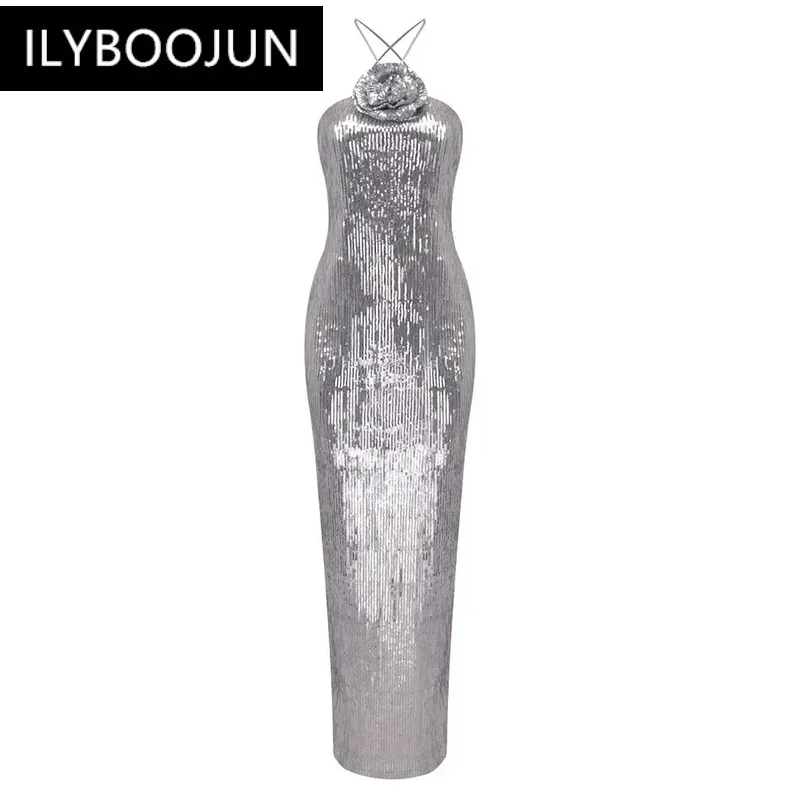 Женское сексуальное длинное облегающее платье с лямкой на шее и цветком