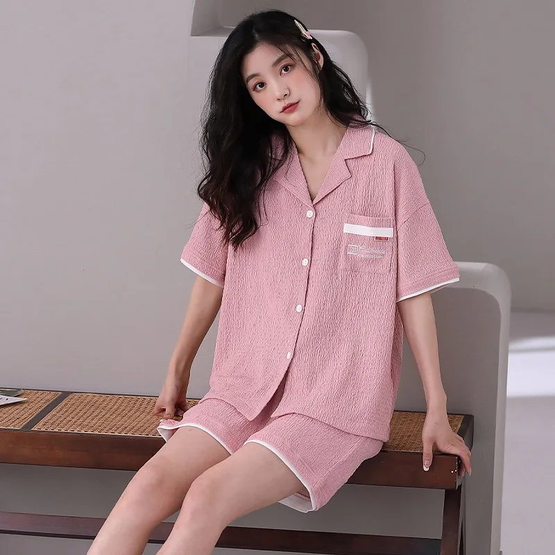 Cotton Women Pajamas Sets Pocket Pyjamas Female Loungewear Button Down Pijamas Short Sleeve Top Shorts Suit Sleepwear Nightwear
