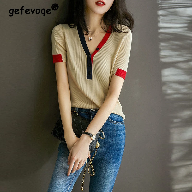 

Women's Korean Fashion Elegant Chic Contrast Color V-neck Short Sleeve Ice Silk Knitwear Summer Casual Slim Sweet Tee Top Female