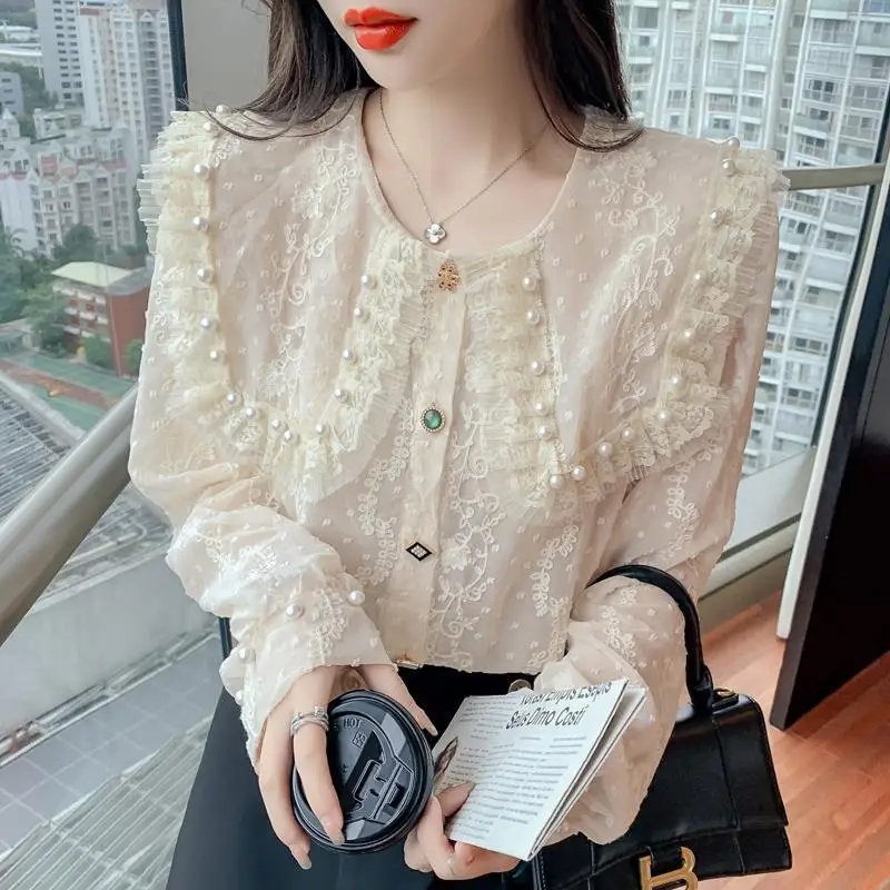

Women 2022 Spring Autumn Fashion Long Sleeve Lace Blouse Female Loose Solid Color Shirts Ladies Buttons Casual Blouses U366