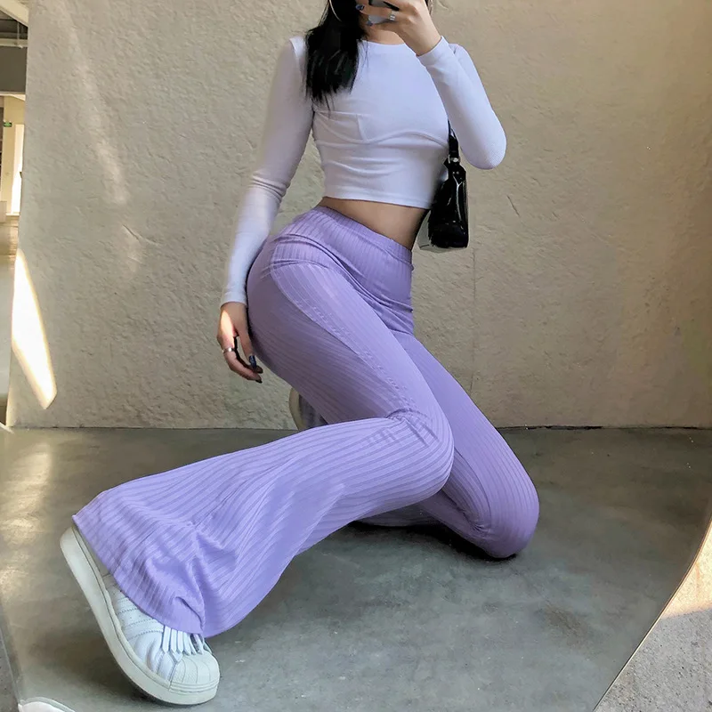 

Fashion Ribbed Jogging Women's Knitted Flared Pants High-waisted Pants Women's Retro 90's Track Pants