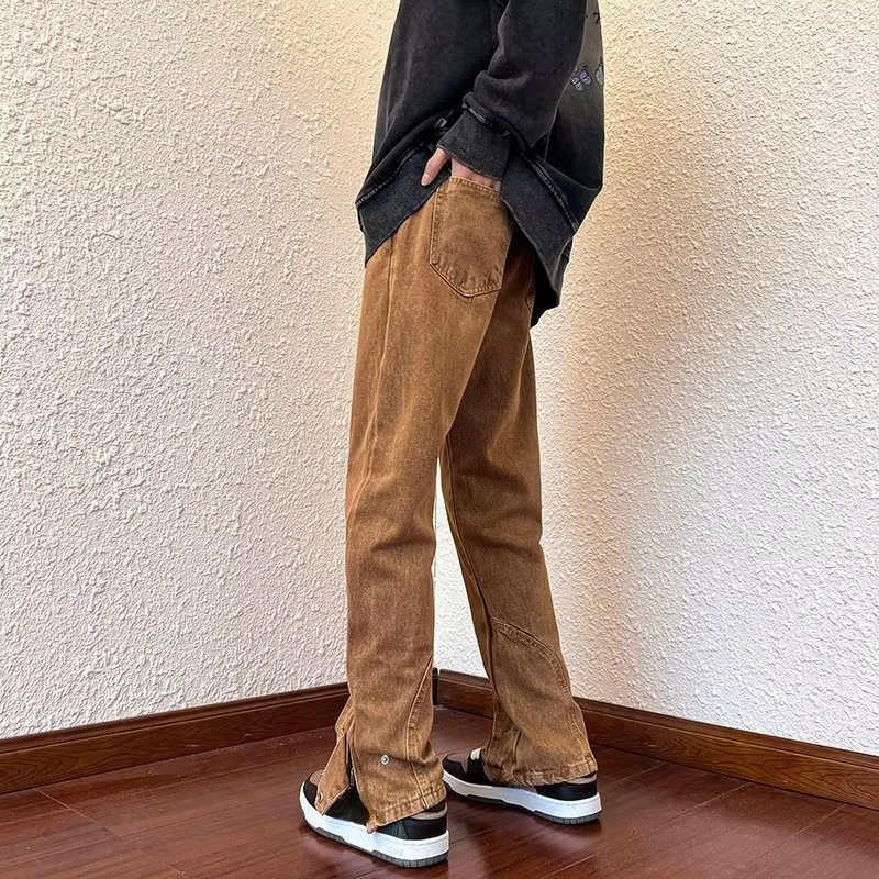 2023 Korean Fashion Ankle Zipper Vintage Brown Men Jeans Pants Luxury Straight Hip Hop Casual Denim Trousers Pantalones Hombre